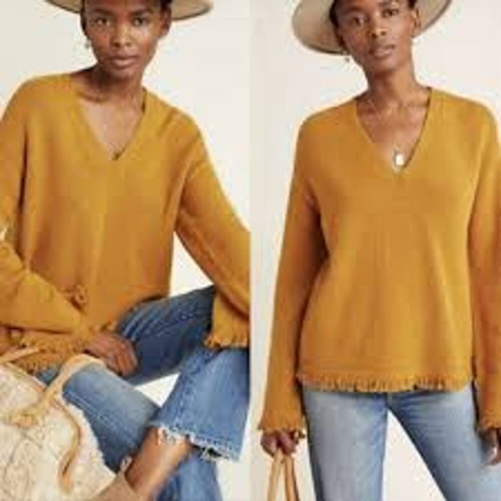 Anthropologie Joy Fringe V Neck Sweater Wool Alpaca Blend Maize XS Boho Hippie